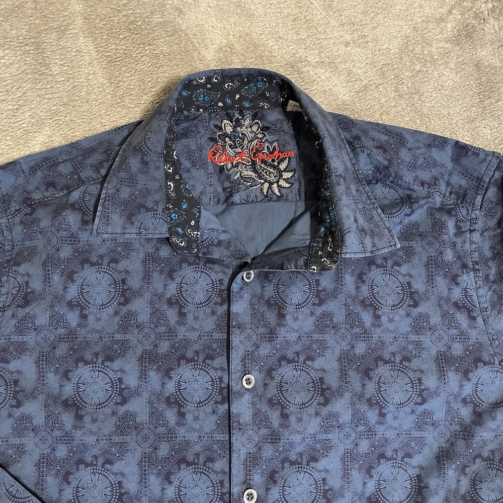 Robert Graham Shirt Men's XL Blue Long Sleeve Floral Embroidered Flip Cuff
